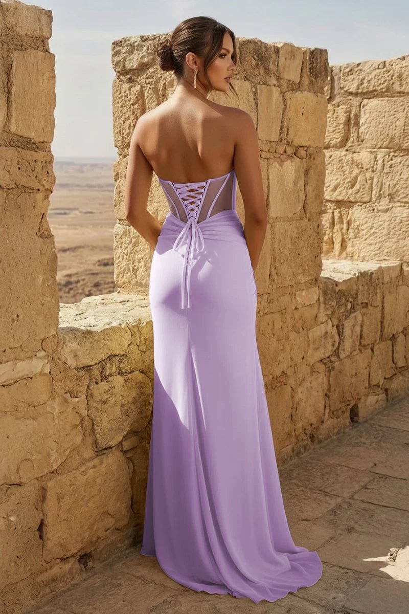 Yellow Sweetheart Sheath Pleated Long Formal Prom Gown With Slit