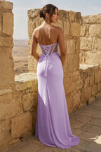 Yellow Sweetheart Sheath Pleated Long Formal Prom Gown With Slit