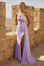 Yellow Sweetheart Sheath Pleated Long Formal Prom Gown With Slit