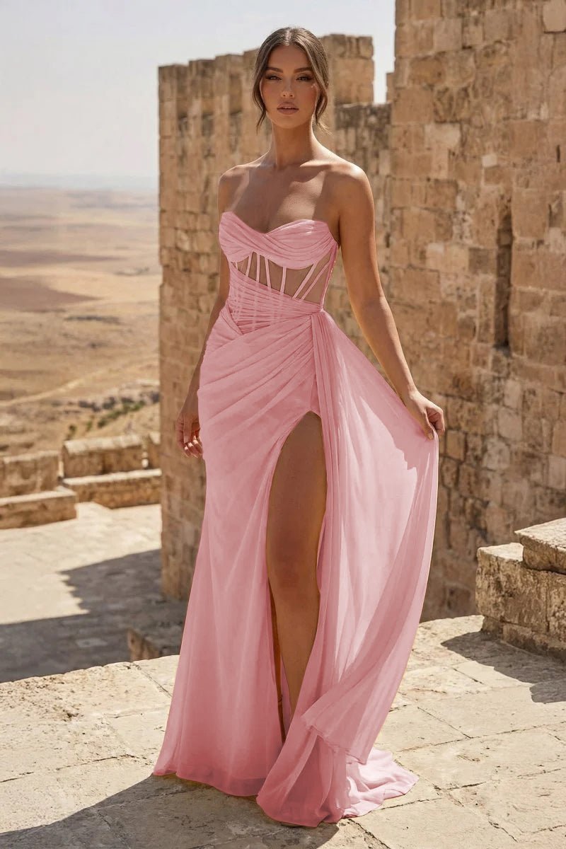 Yellow Sweetheart Sheath Pleated Long Formal Prom Gown With Slit