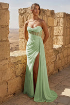 Yellow Sweetheart Sheath Pleated Long Formal Prom Gown With Slit