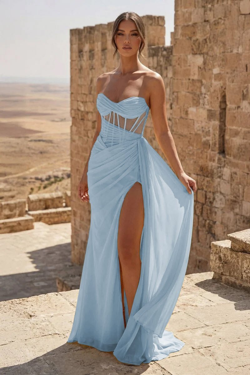 Yellow Sweetheart Sheath Pleated Long Formal Prom Gown With Slit