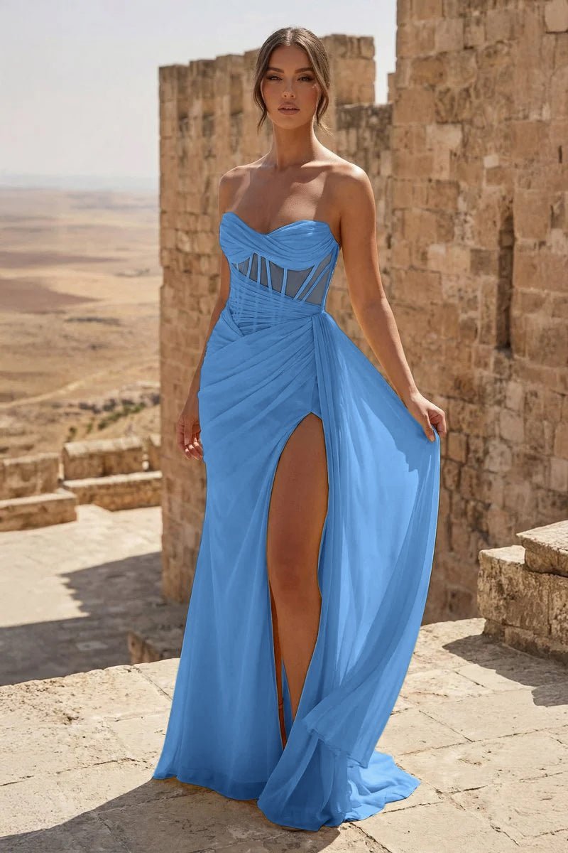 Yellow Sweetheart Sheath Pleated Long Formal Prom Gown With Slit