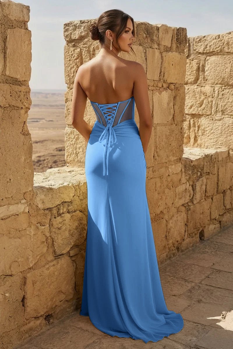 Yellow Sweetheart Sheath Pleated Long Formal Prom Gown With Slit