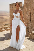 Yellow Sweetheart Sheath Pleated Long Formal Prom Gown With Slit