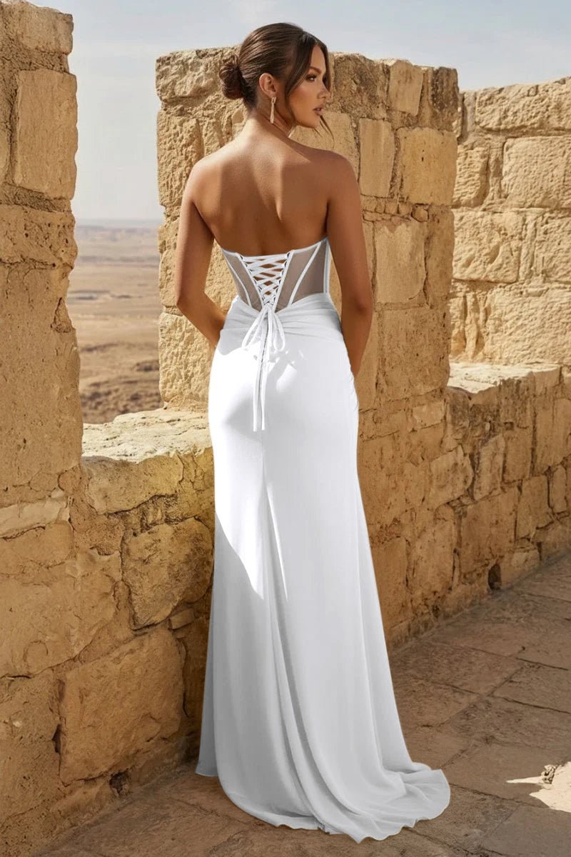Yellow Sweetheart Sheath Pleated Long Formal Prom Gown With Slit
