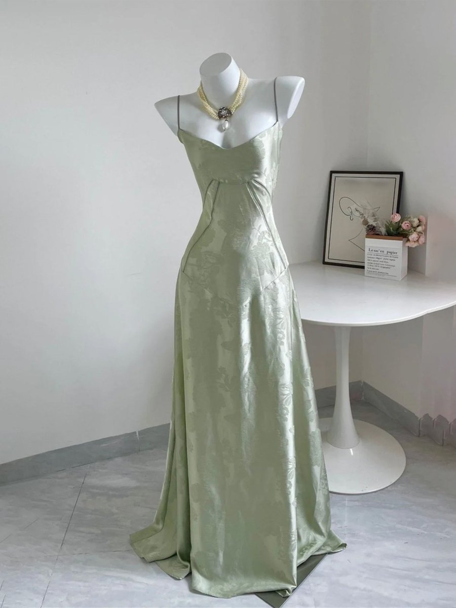 Sage Mermaid Satin Spaghetti Straps Long Formal Prom Gown