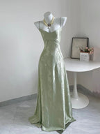 Sage Mermaid Satin Spaghetti Straps Long Formal Prom Gown