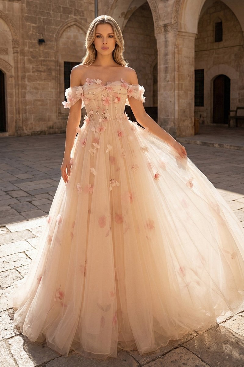 Dahlia Mae Champagne front view prom dress