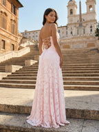 Pink A-Line Lace Floral Spaghetti Straps Long Formal Prom Gown