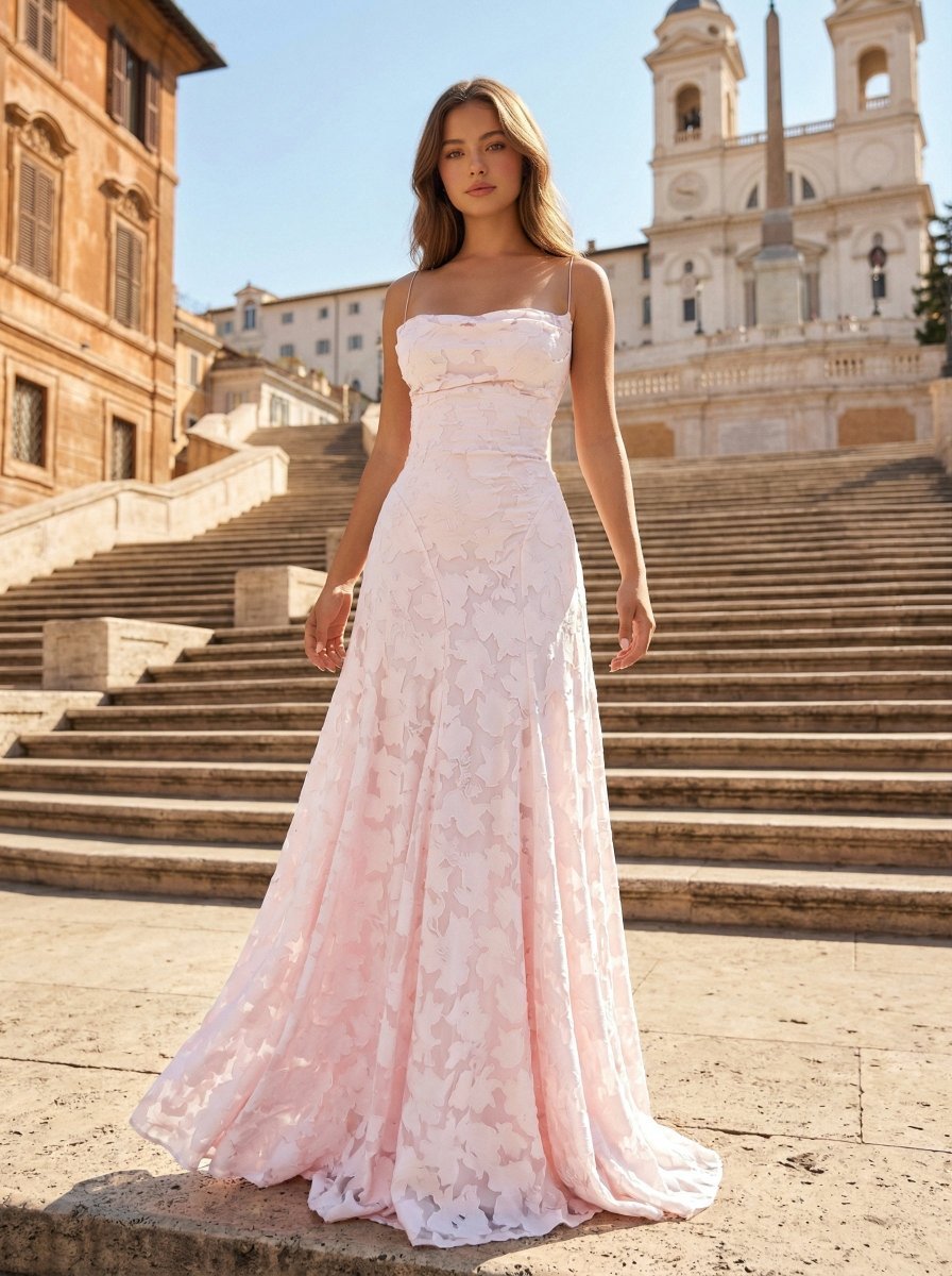 Pink A-Line Lace Floral Spaghetti Straps Long Formal Prom Gown