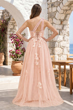 A Line One Shoulder Black Long Formal Prom Gown with Appliques