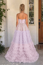 A Line Sweetheart Tiered Ruffled Tulle Long Formal Prom Gown