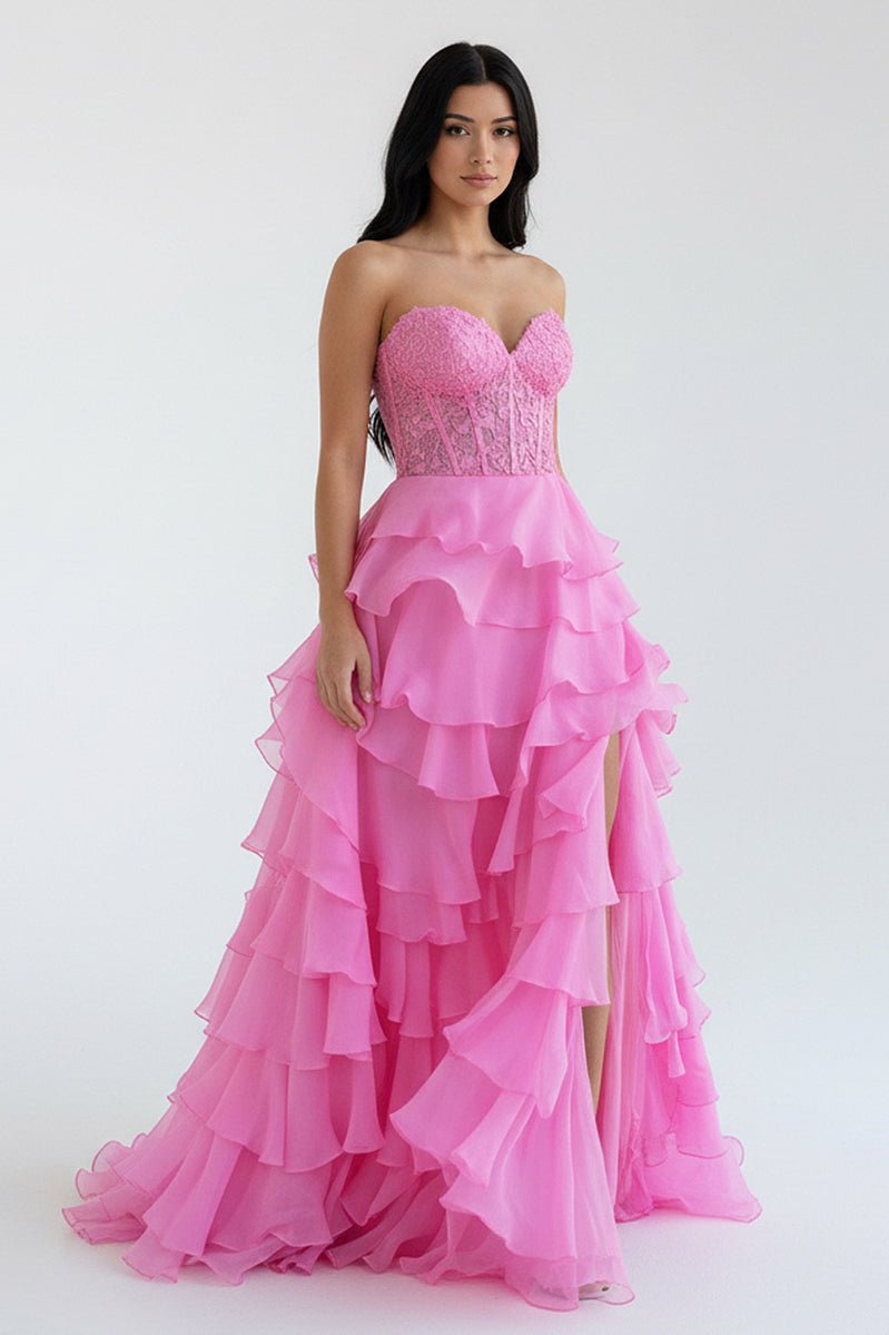 Blush Chiffon Evening Dress with Sweetheart Neckline and Ruffles
