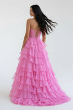 Blush Chiffon Evening Dress with Sweetheart Neckline and Ruffles