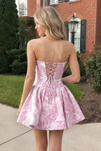 Blue Flower Jacquard Strapless A-Line Bowknot Homecoming Dress With Pearl