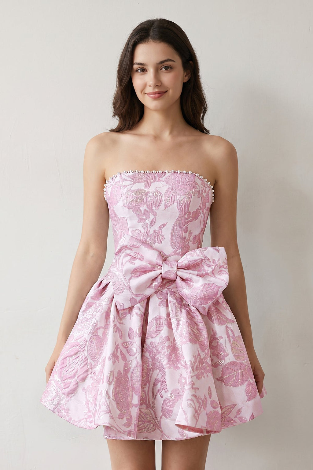 Blue Flower Jacquard Strapless A-Line Bowknot Homecoming Dress With Pearl