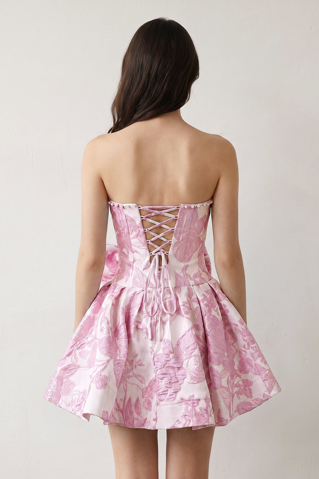 Blue Flower Jacquard Strapless A-Line Bowknot Homecoming Dress With Pearl