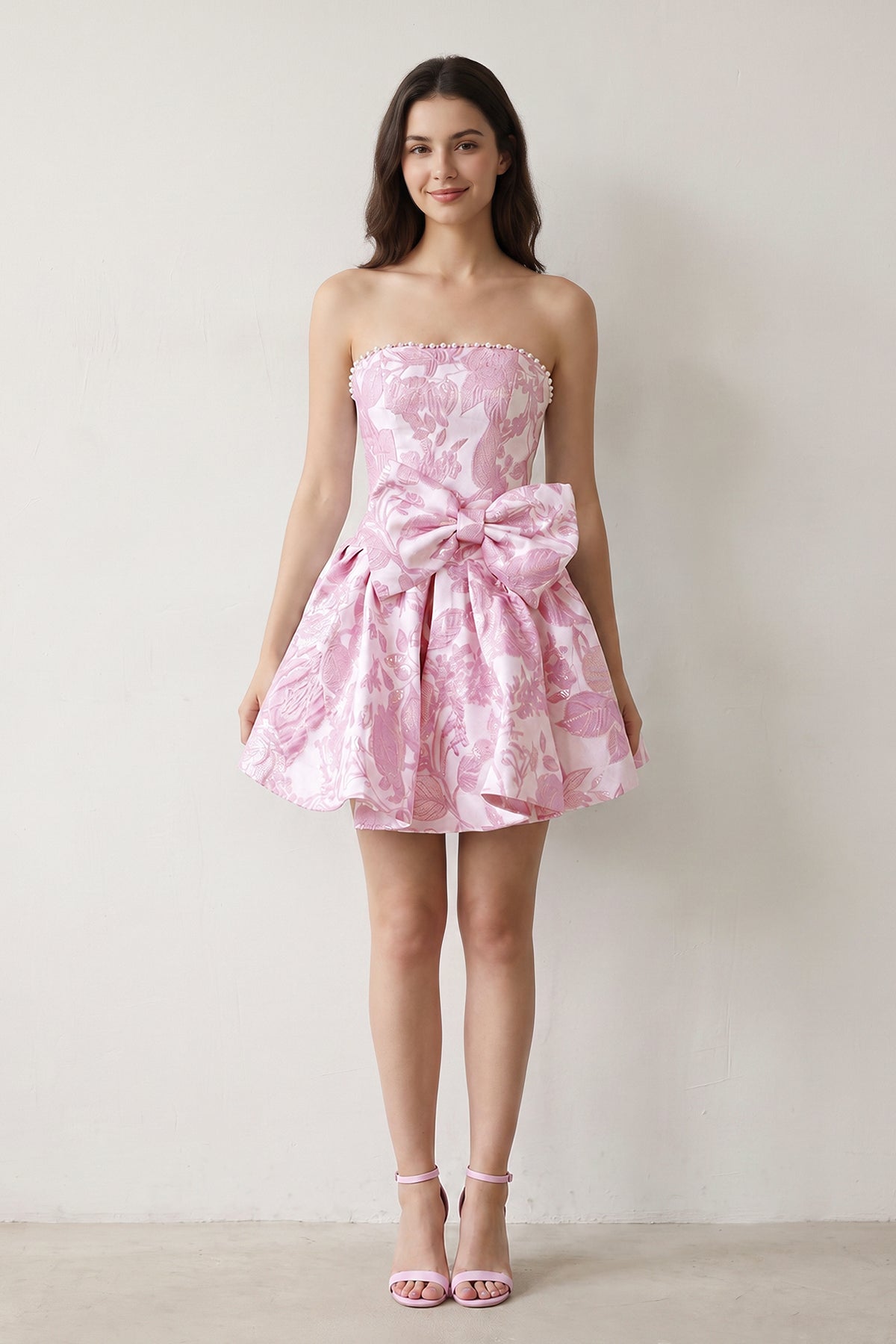 Blue Flower Jacquard Strapless A-Line Bowknot Homecoming Dress With Pearl
