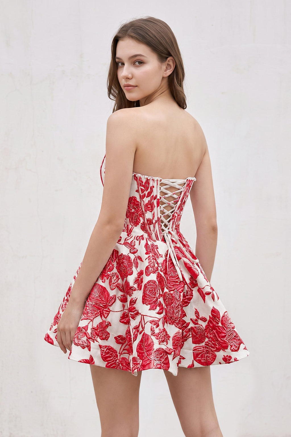 Pink Jacquard A-Line Strapless Corset Homecoming Dress With Pearl