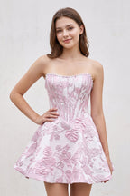 Pink Jacquard A-Line Strapless Corset Homecoming Dress With Pearl