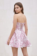 Pink Jacquard A-Line Strapless Corset Homecoming Dress With Pearl