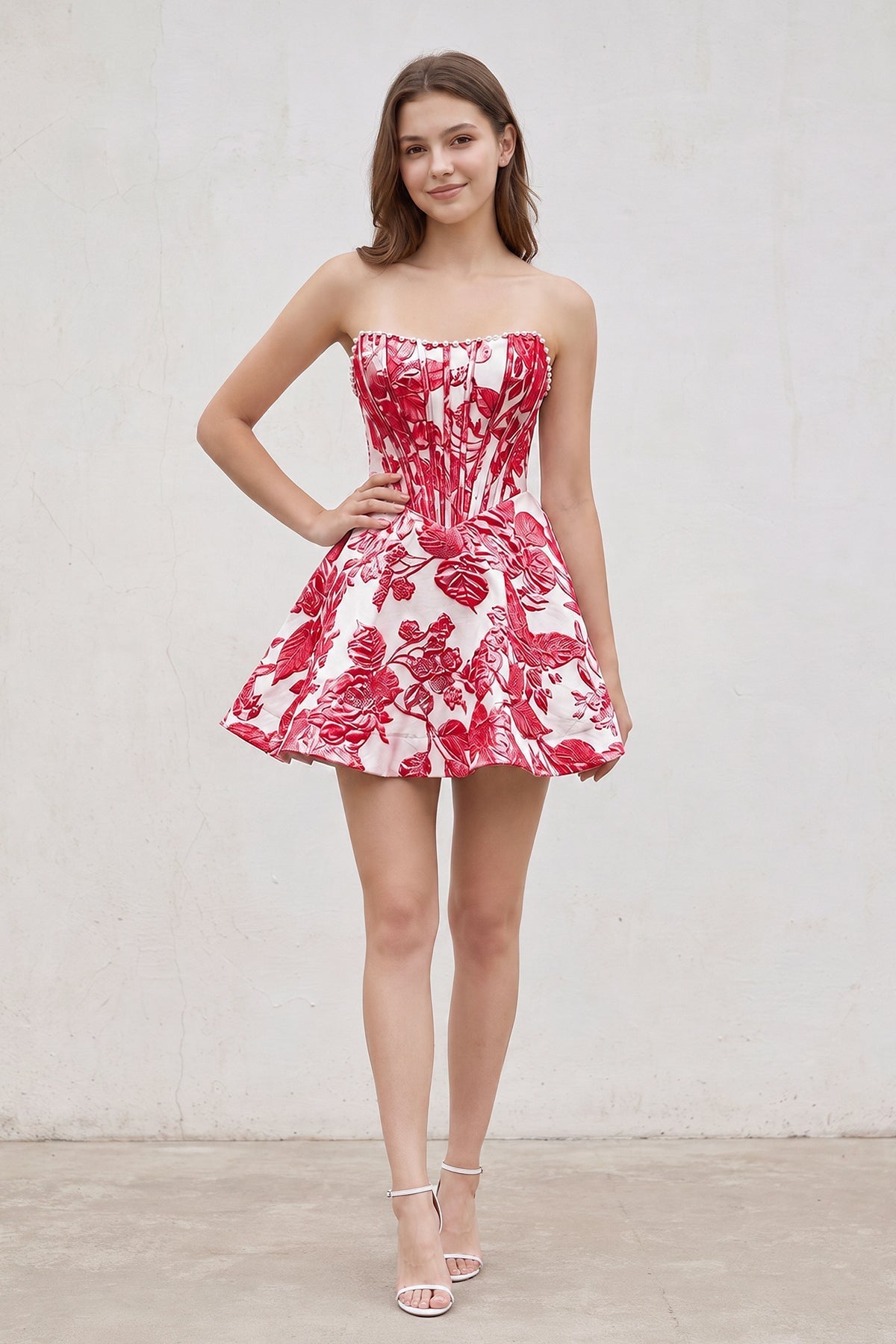 Pink Jacquard A-Line Strapless Corset Homecoming Dress With Pearl