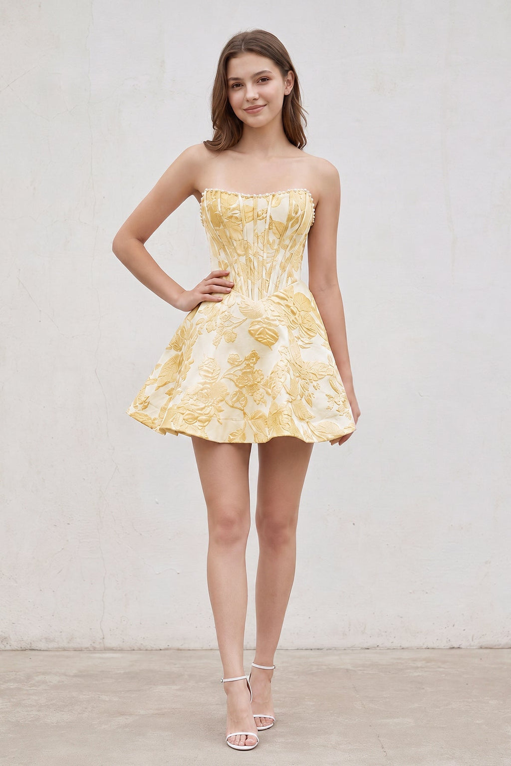 Pink Jacquard A-Line Strapless Corset Homecoming Dress With Pearl