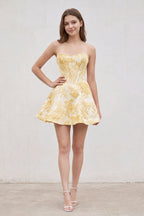 Pink Jacquard A-Line Strapless Corset Homecoming Dress With Pearl