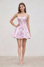 Pink Jacquard A-Line Strapless Corset Homecoming Dress With Pearl