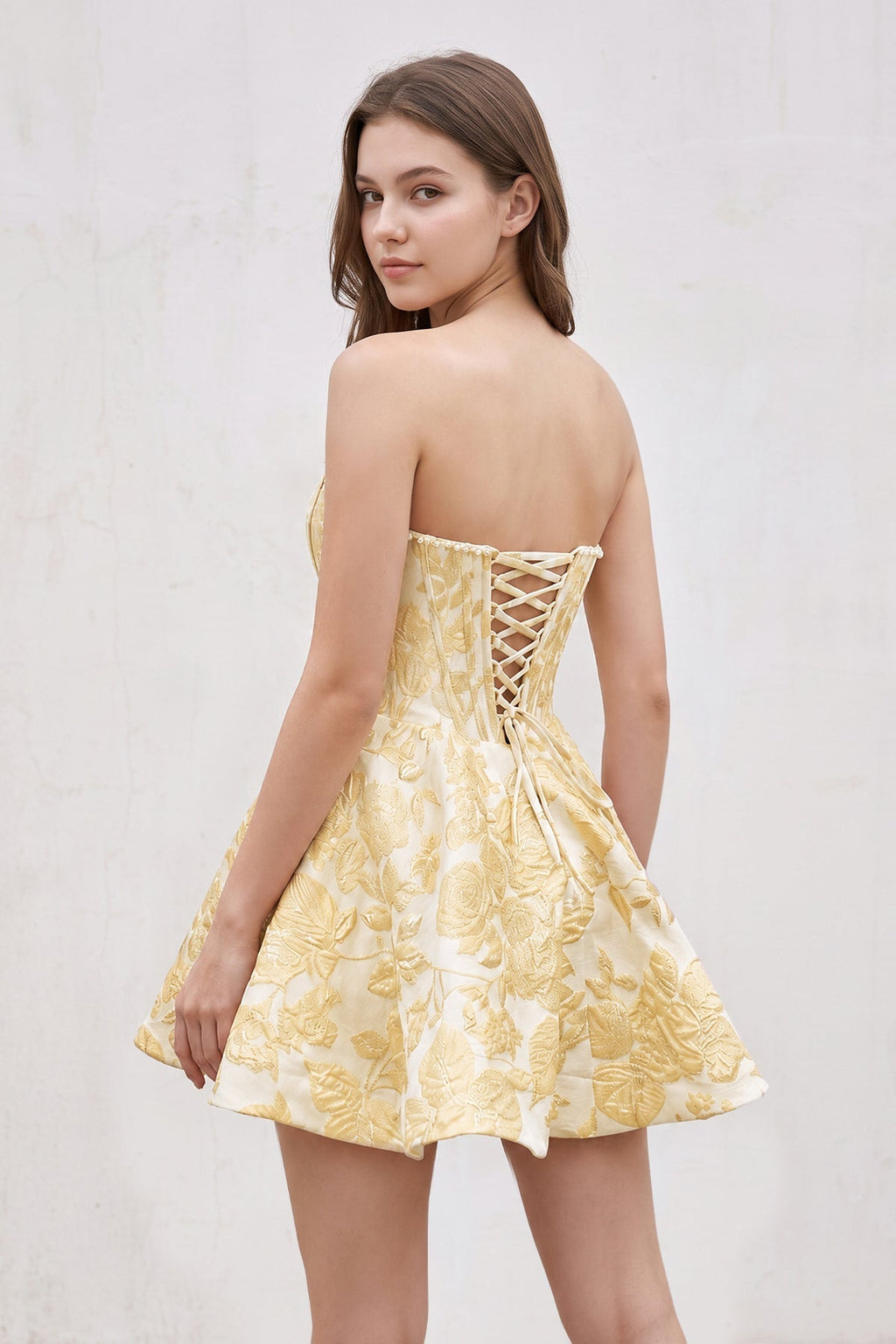 Pink Jacquard A-Line Strapless Corset Homecoming Dress With Pearl