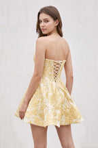 Pink Jacquard A-Line Strapless Corset Homecoming Dress With Pearl