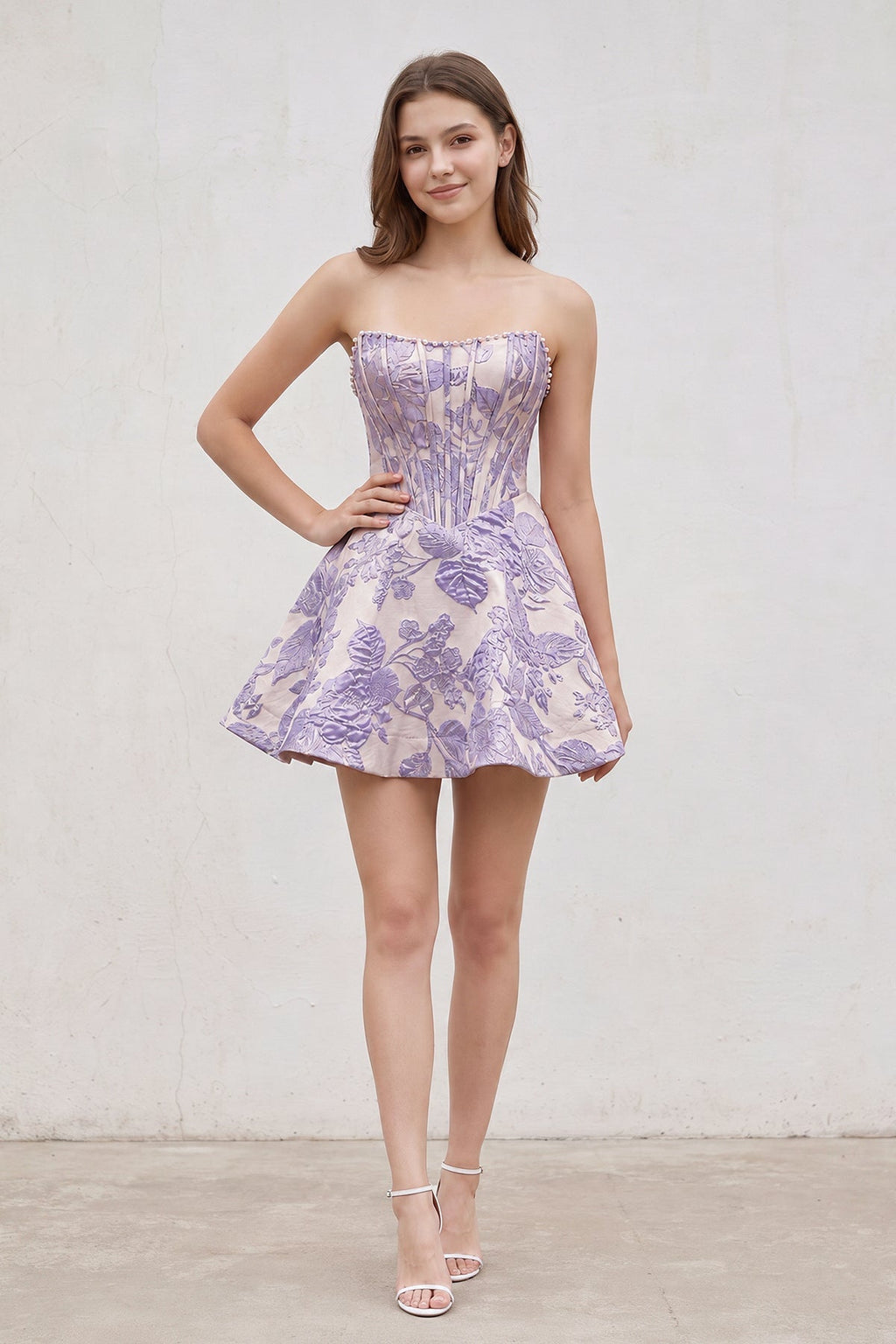 Pink Jacquard A-Line Strapless Corset Homecoming Dress With Pearl