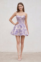 Pink Jacquard A-Line Strapless Corset Homecoming Dress With Pearl