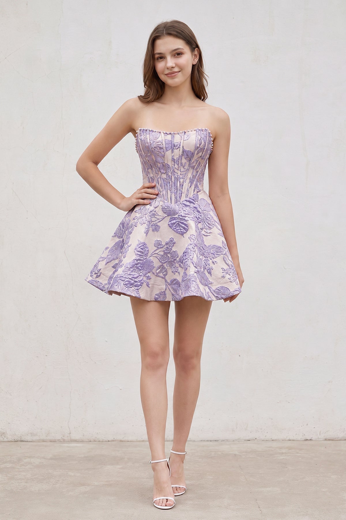 Pink Jacquard A-Line Strapless Corset Homecoming Dress With Pearl