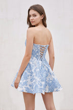 Pink Jacquard A-Line Strapless Corset Homecoming Dress With Pearl