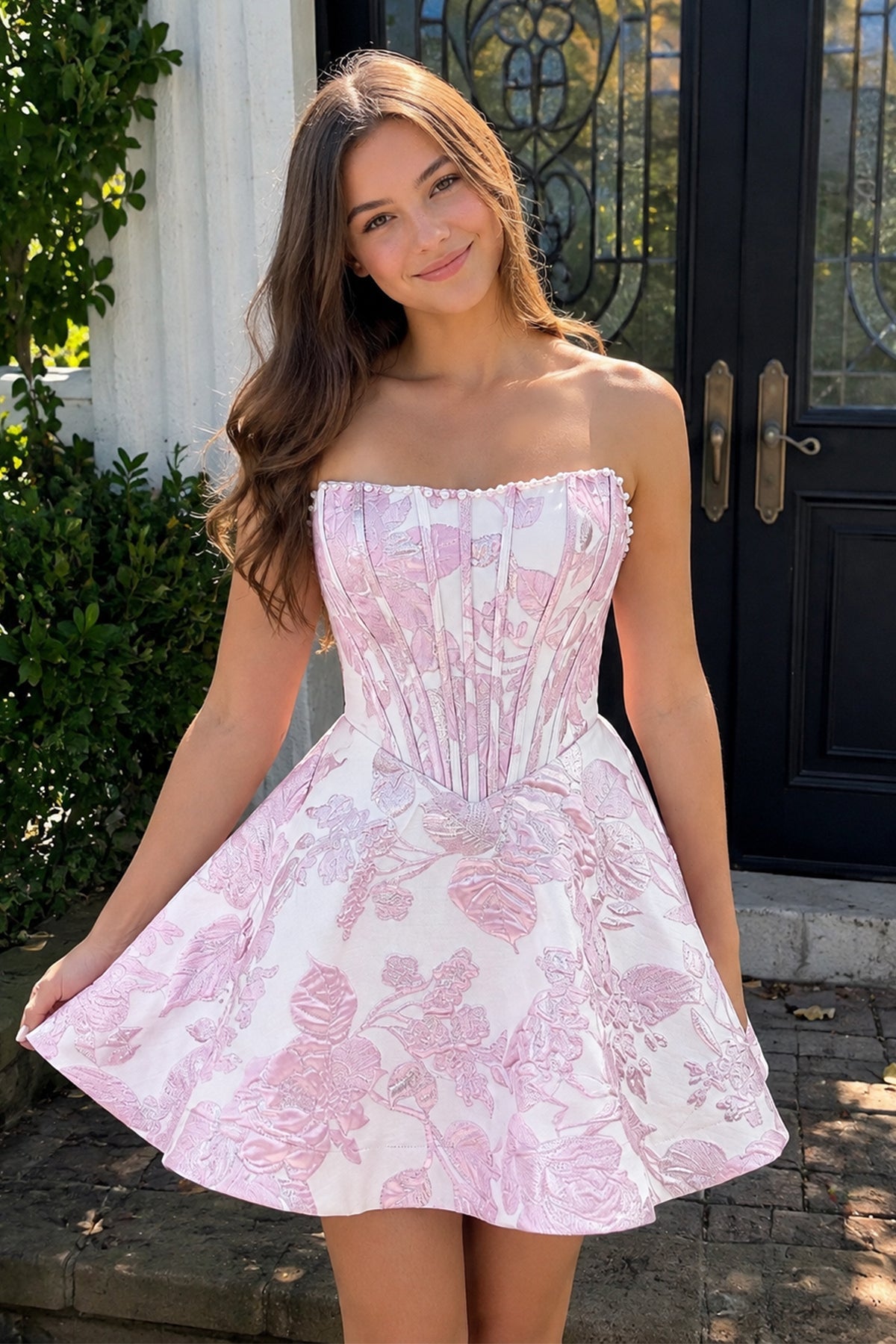 Pink Jacquard A-Line Strapless Corset Homecoming Dress With Pearl