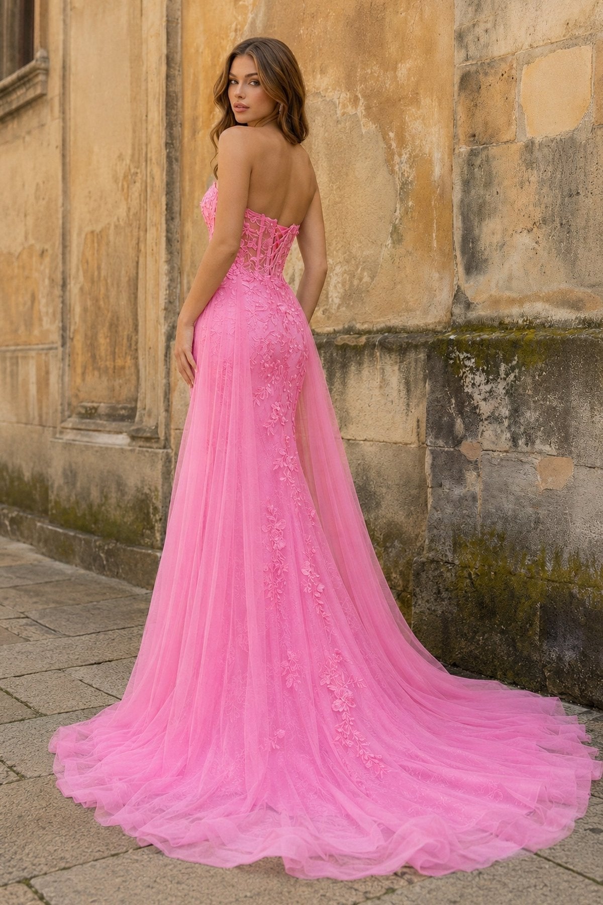 Meliora Pink back view prom dress