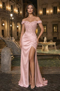 Burgundy Off The Shoulder Mermaid Beaded Satin Long Formal Prom Gown With Appliques