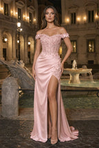 Burgundy Off The Shoulder Mermaid Beaded Satin Long Formal Prom Gown With Appliques
