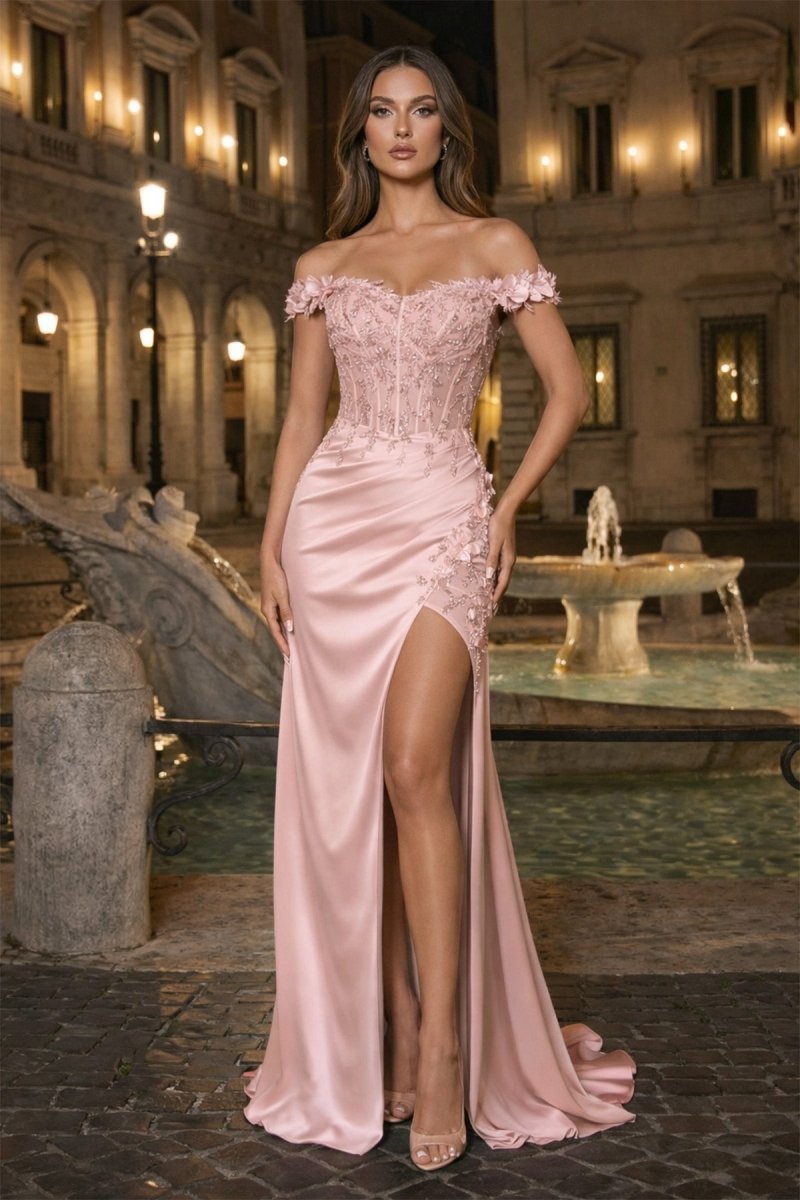 Burgundy Off The Shoulder Mermaid Beaded Satin Long Formal Prom Gown With Appliques
