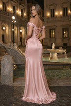 Burgundy Off The Shoulder Mermaid Beaded Satin Long Formal Prom Gown With Appliques