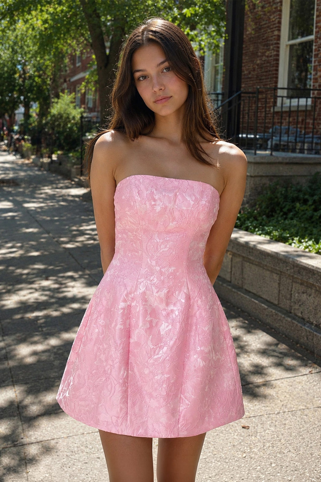 Rhoswen Pink side view homecoming dress