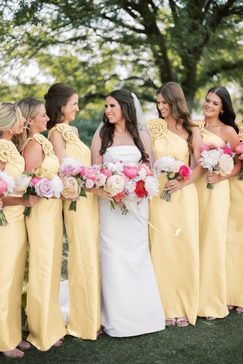 Blush Satin Sheath Bridesmaid Dress with One Shoulder Neckline and Floral Detail