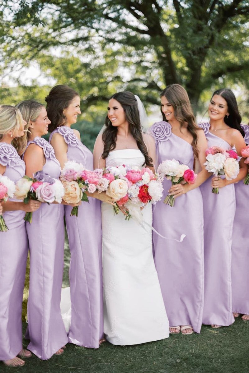 Blush Satin Sheath Bridesmaid Dress with One Shoulder Neckline and Floral Detail