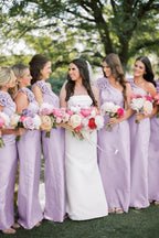 Blush Satin Sheath Bridesmaid Dress with One Shoulder Neckline and Floral Detail
