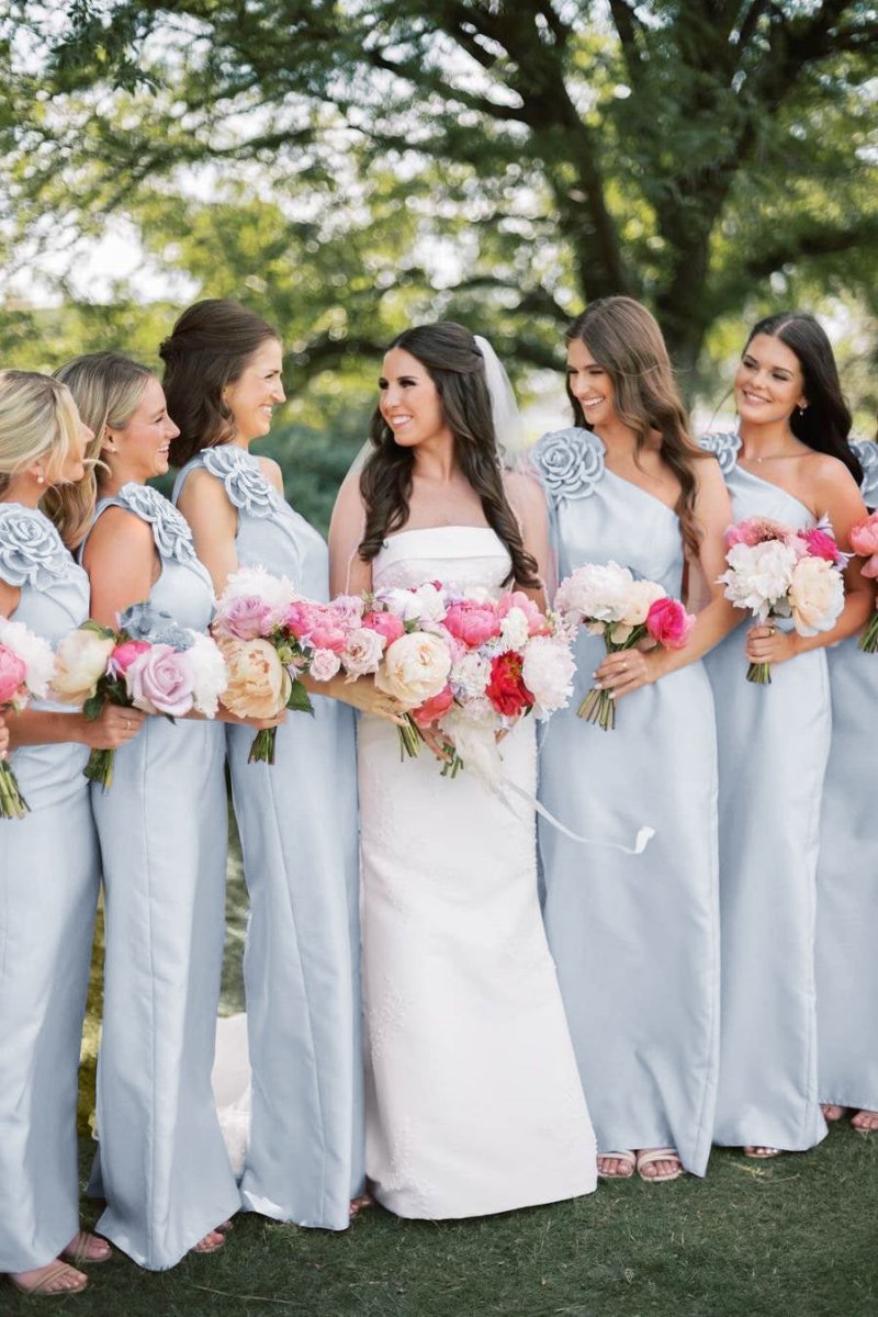Blush Satin Sheath Bridesmaid Dress with One Shoulder Neckline and Floral Detail