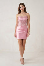 Navy Blue Strapless Bodycon Satin Pleated Short Homecoming & Cocktail Dresses With Beading