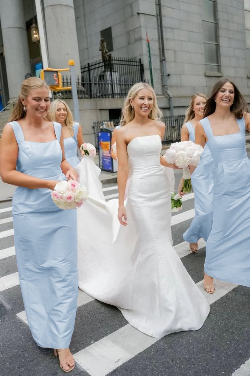 Blush Satin Sheath Bridesmaid Dress with Square Neck Neckline