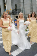 Blush Satin Sheath Bridesmaid Dress with Square Neck Neckline